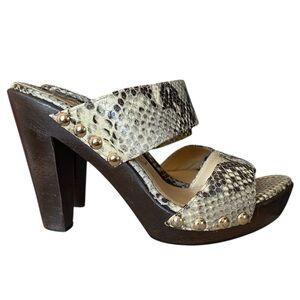 Jimmy Choo Ulrika Lea Snake Print Brown Studddd Heels Mule Sandals size 38 US 8
